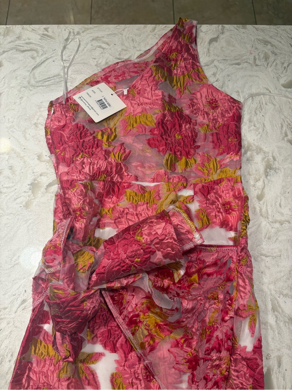Pink Floral One-Shoulder Mesh Dress